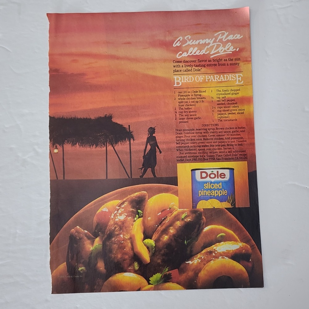 Vintage Print Ad DOLE sliced pineapple Bird of Paradise recipe clipping 1985
